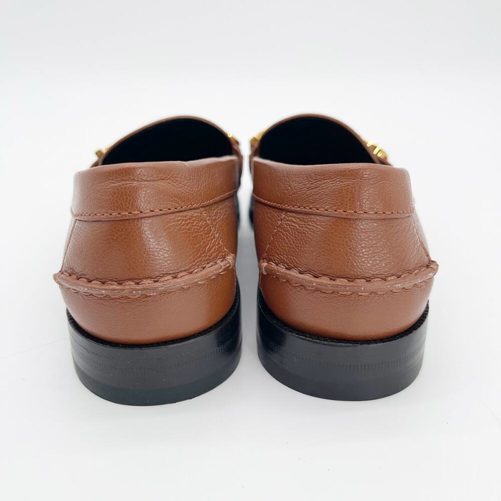 Gucci Cara Brown Pebbled Leather Gold Logo Hardware Loafers EU 38 - Picture 8 of 12